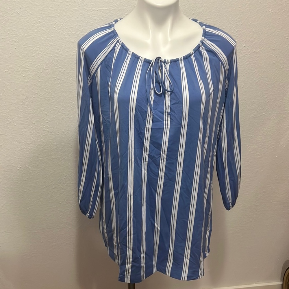 Lands End Blue White Striped Peasant 3/4 Sleeved Top Sz M 10/12